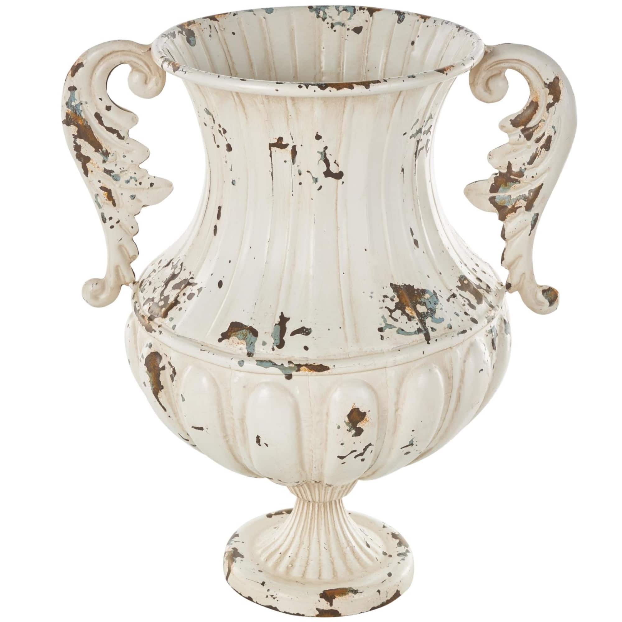 15.25" Cream Metal Vintage Amphora Vase with Brown & Teal Distressing